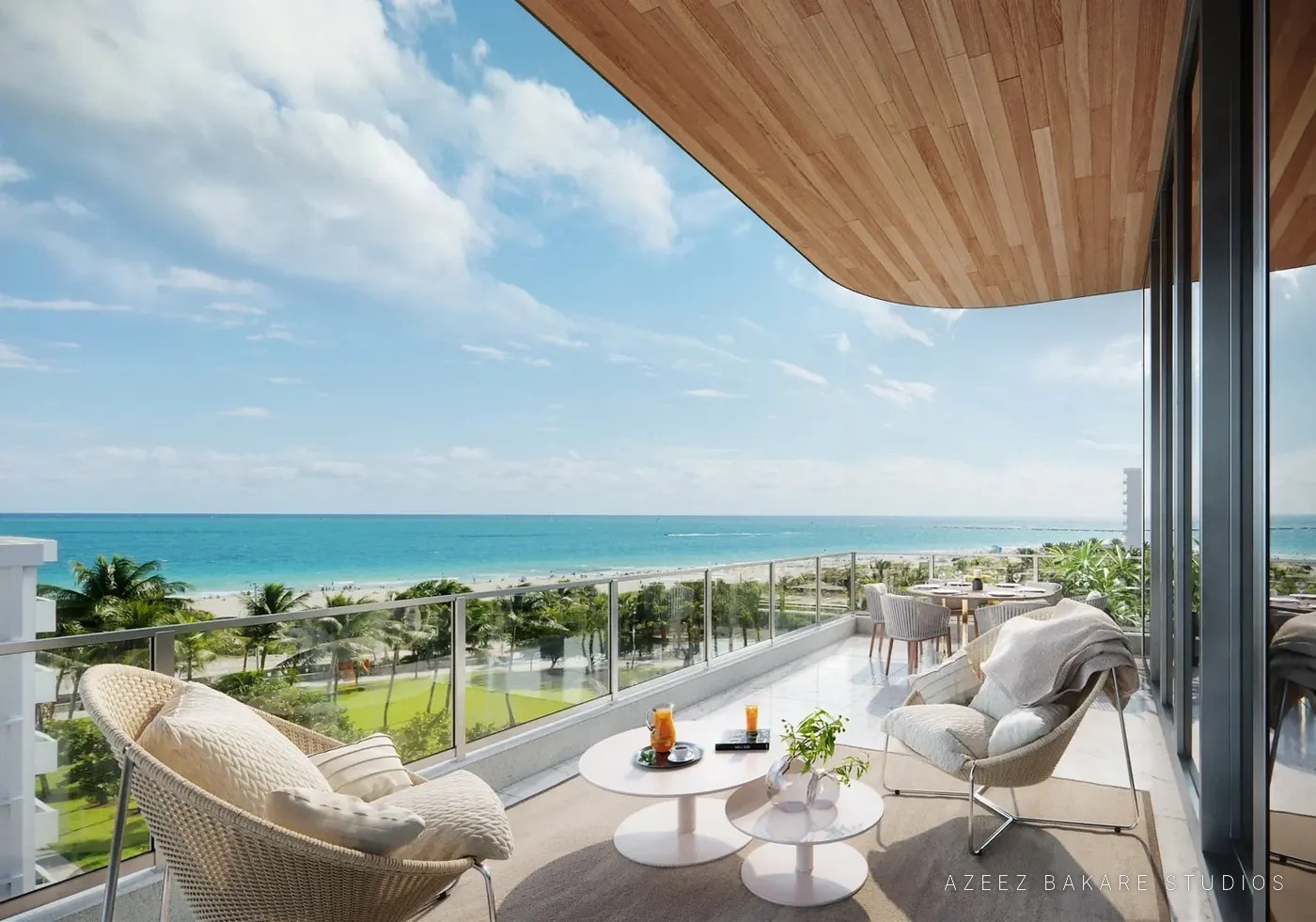 Ocean-view terrace with lounge chairs at 312 Ocean Drive, Miami Beach, residential rendering