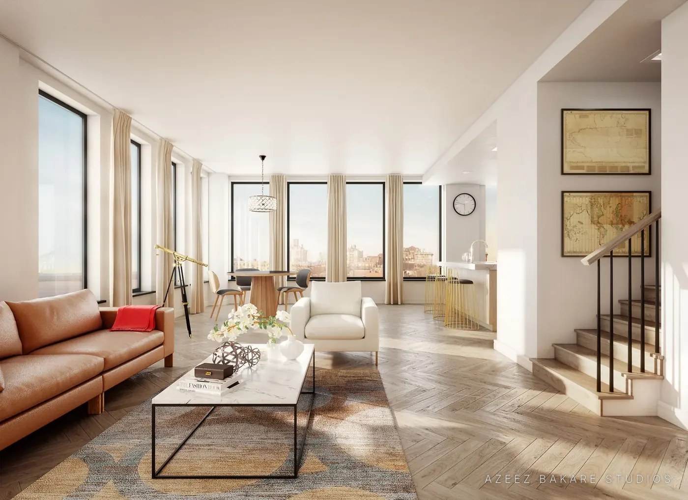 Sunlit living room with leather sofa and stair, 78 Amity Street in Cobble Hill, NY, rendering