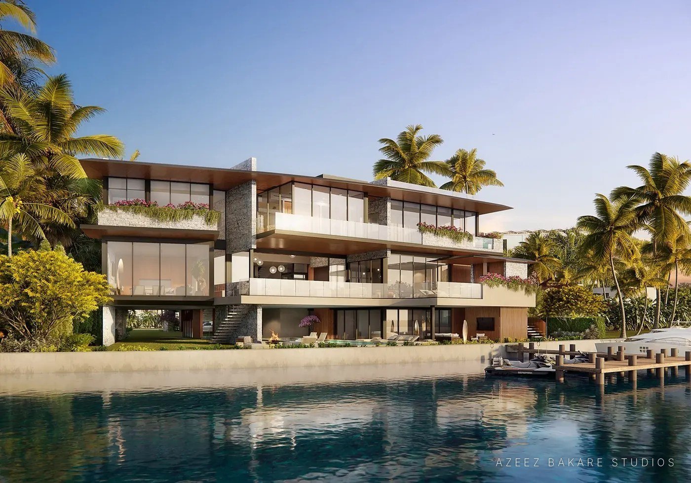Waterfront home with dock and palms, Belle Meade residence in Miami, exterior rendering