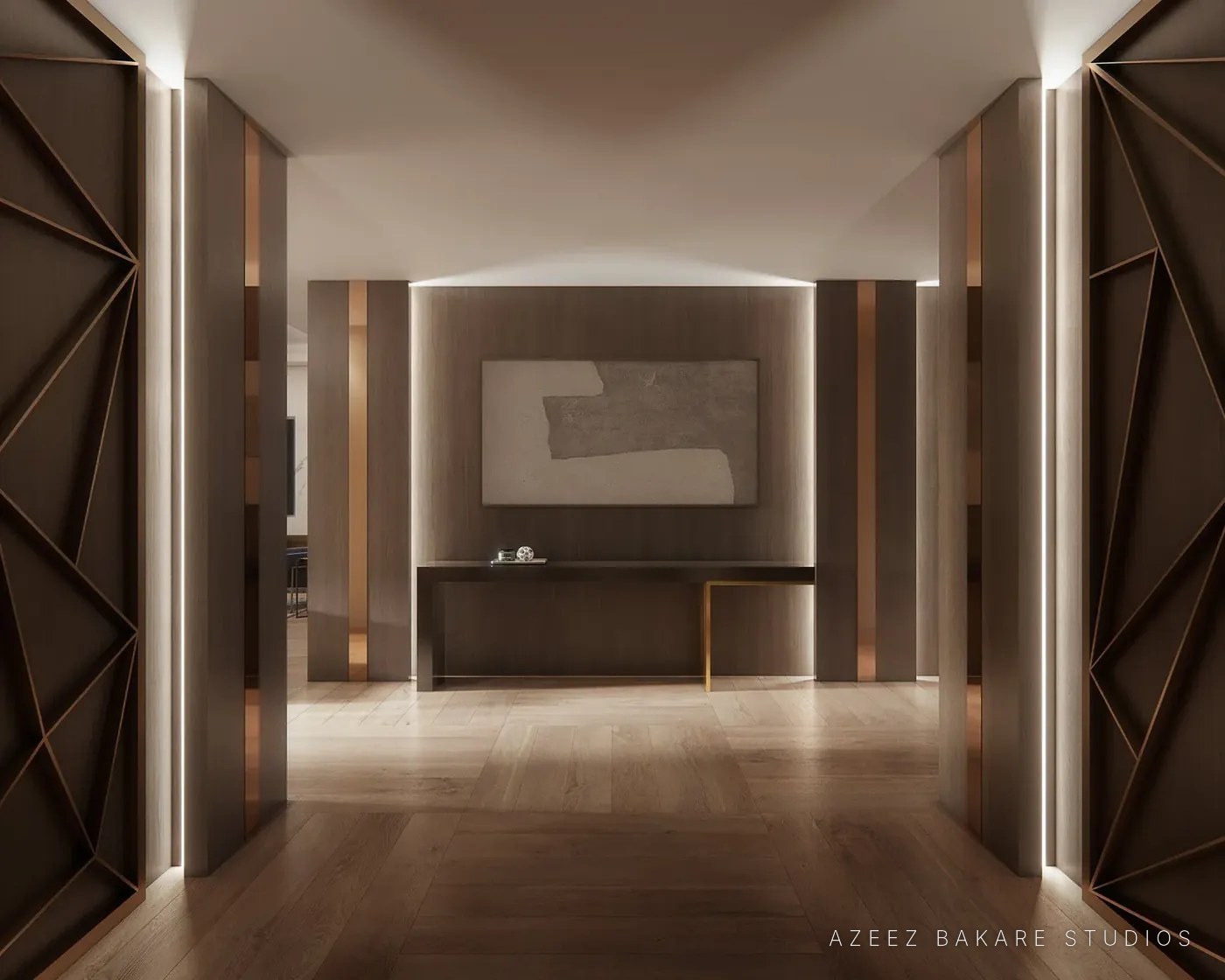Foyer with faceted bronze panels and lit wall niches, Boca Beach Club residence, interior rendering