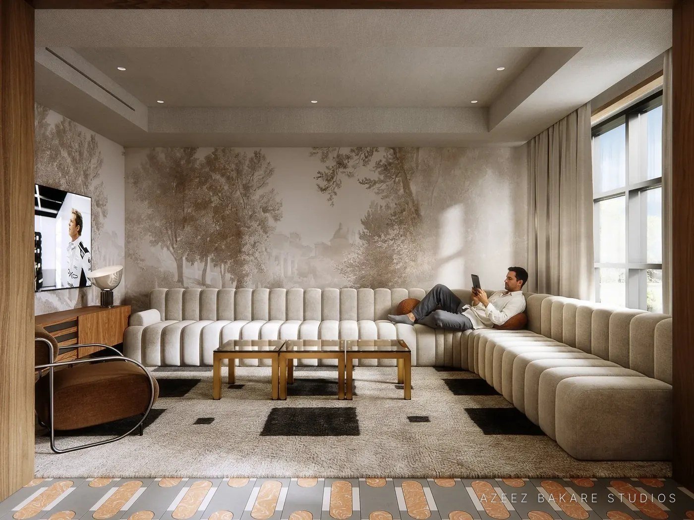 Coworking lounge with a curved sofa and mural wall in Brooklyn, NY, interior rendering