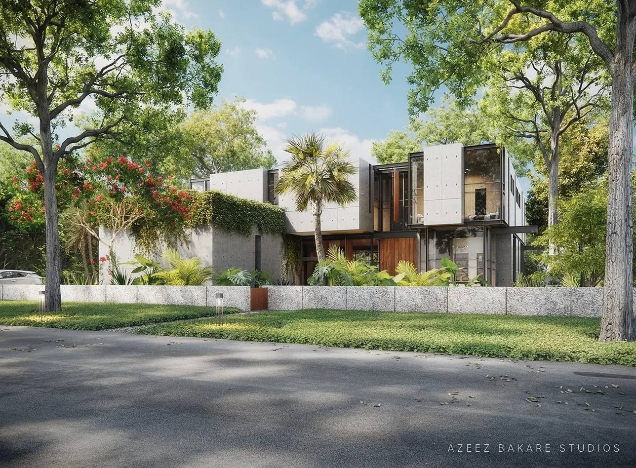 Modern home behind a tropical garden, Coconut Grove residence in Miami, exterior rendering