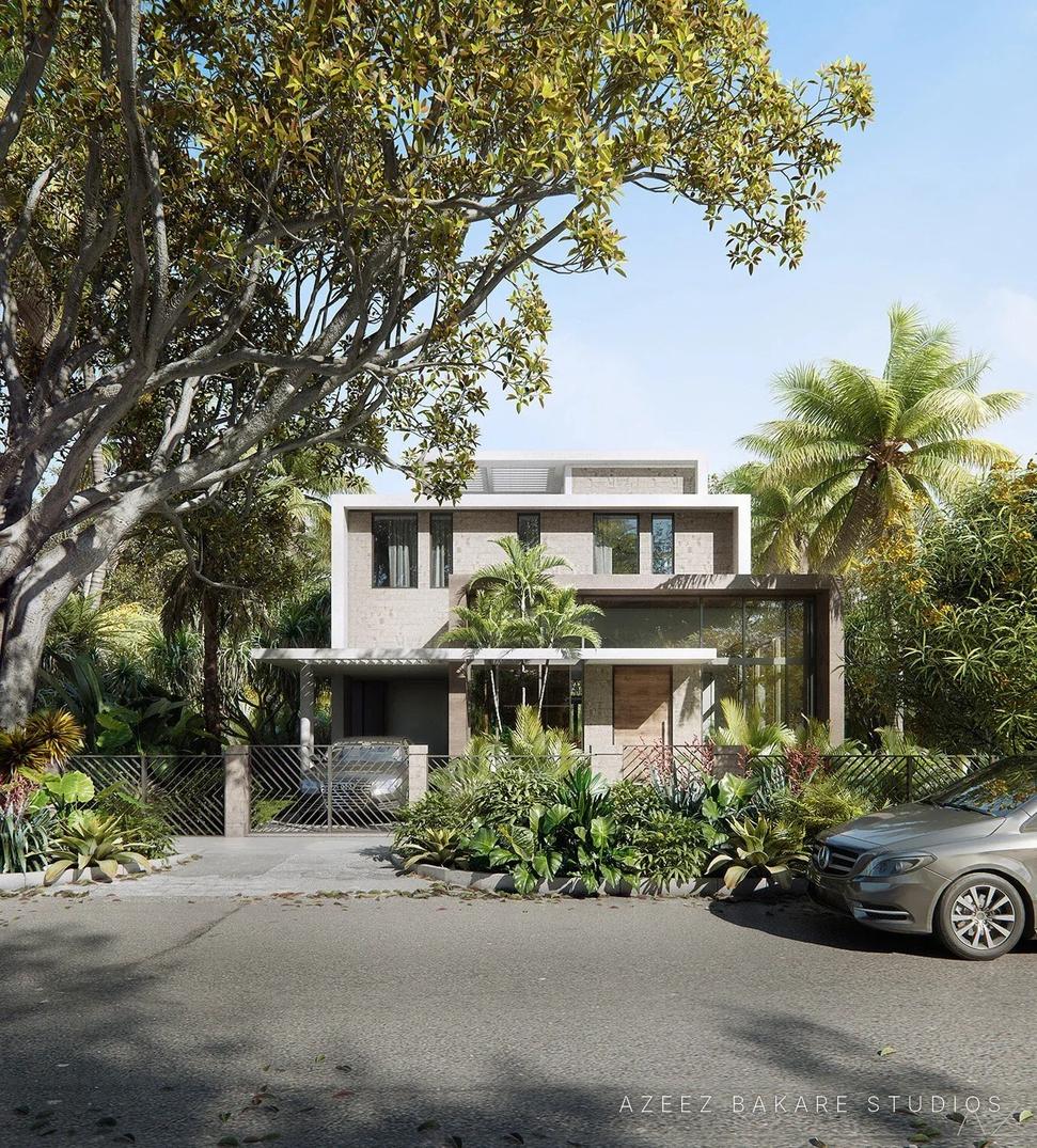 Street view of a modern villa under a canopy tree in Coconut Grove, Miami, rendering for Future Vision Studios