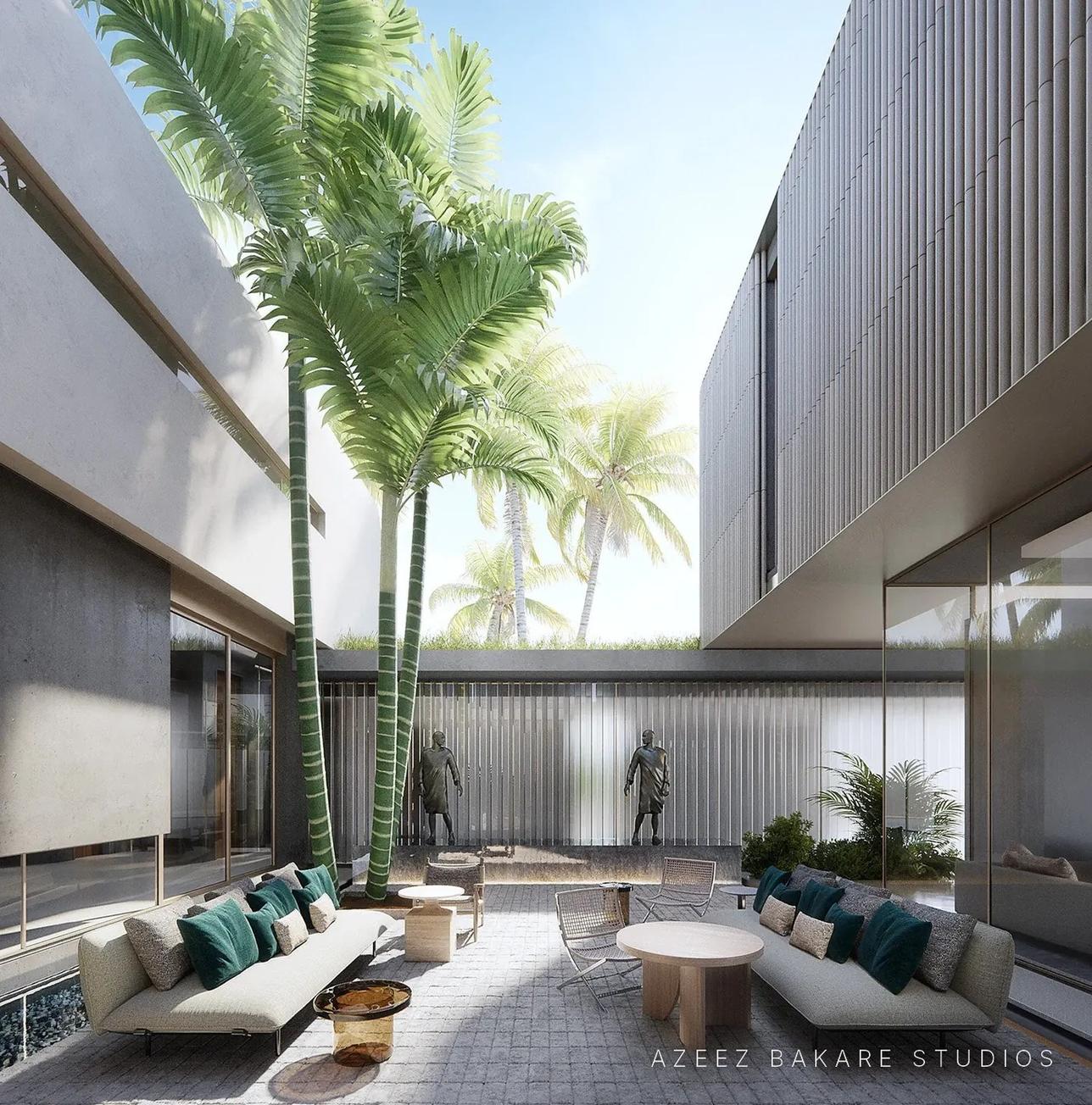 Palm-shaded courtyard with outdoor seating at a Miami Beach villa, architectural rendering