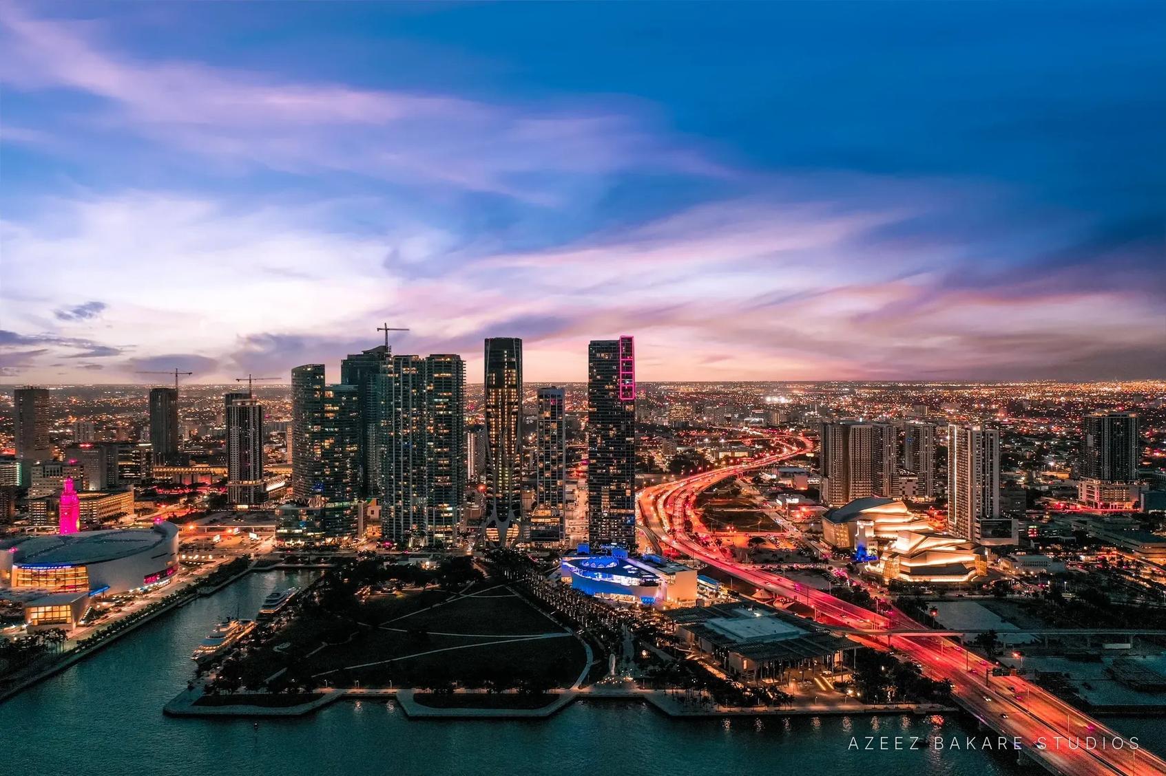 Aerial view of downtown Miami at dusk