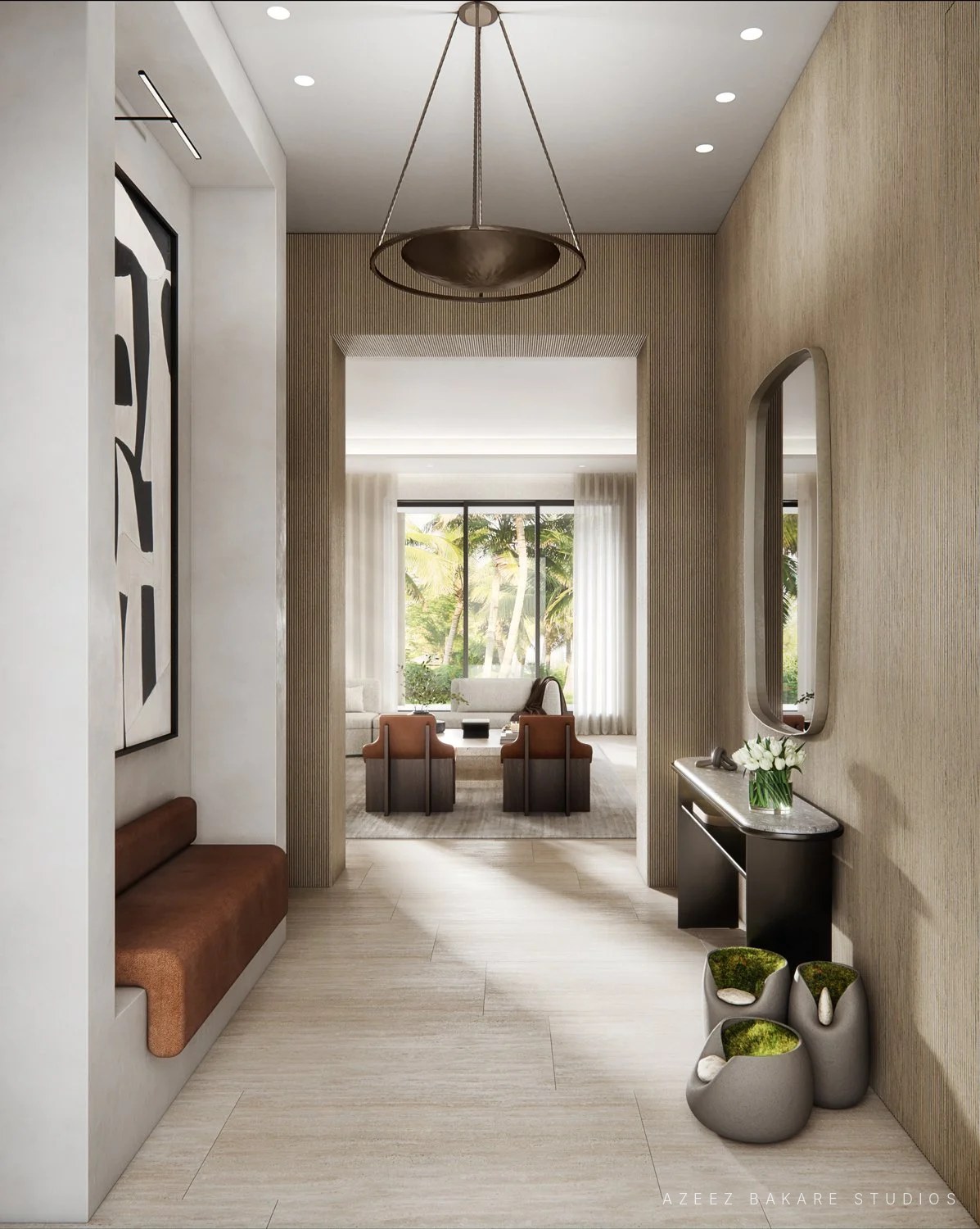 Foyer and gallery hall of a Fisher Island villa, interior rendering for Ford Interiors