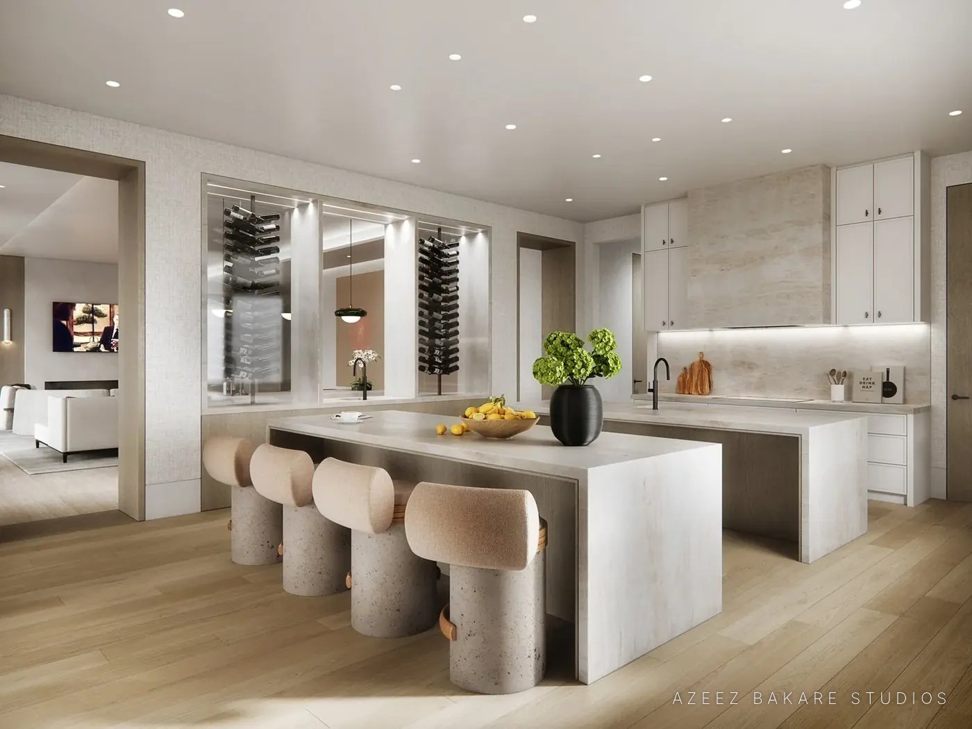 Kitchen with stone island and sculpted stools, Fisher Island villa, interior rendering for Ford Interiors