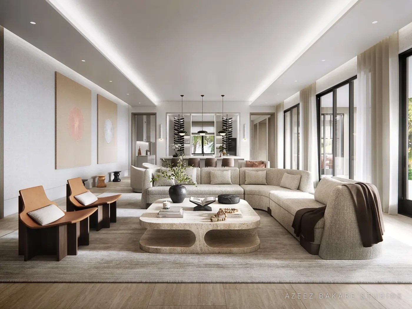 Living room of a waterfront villa on Fisher Island, FL, interior rendering for Ford Interiors
