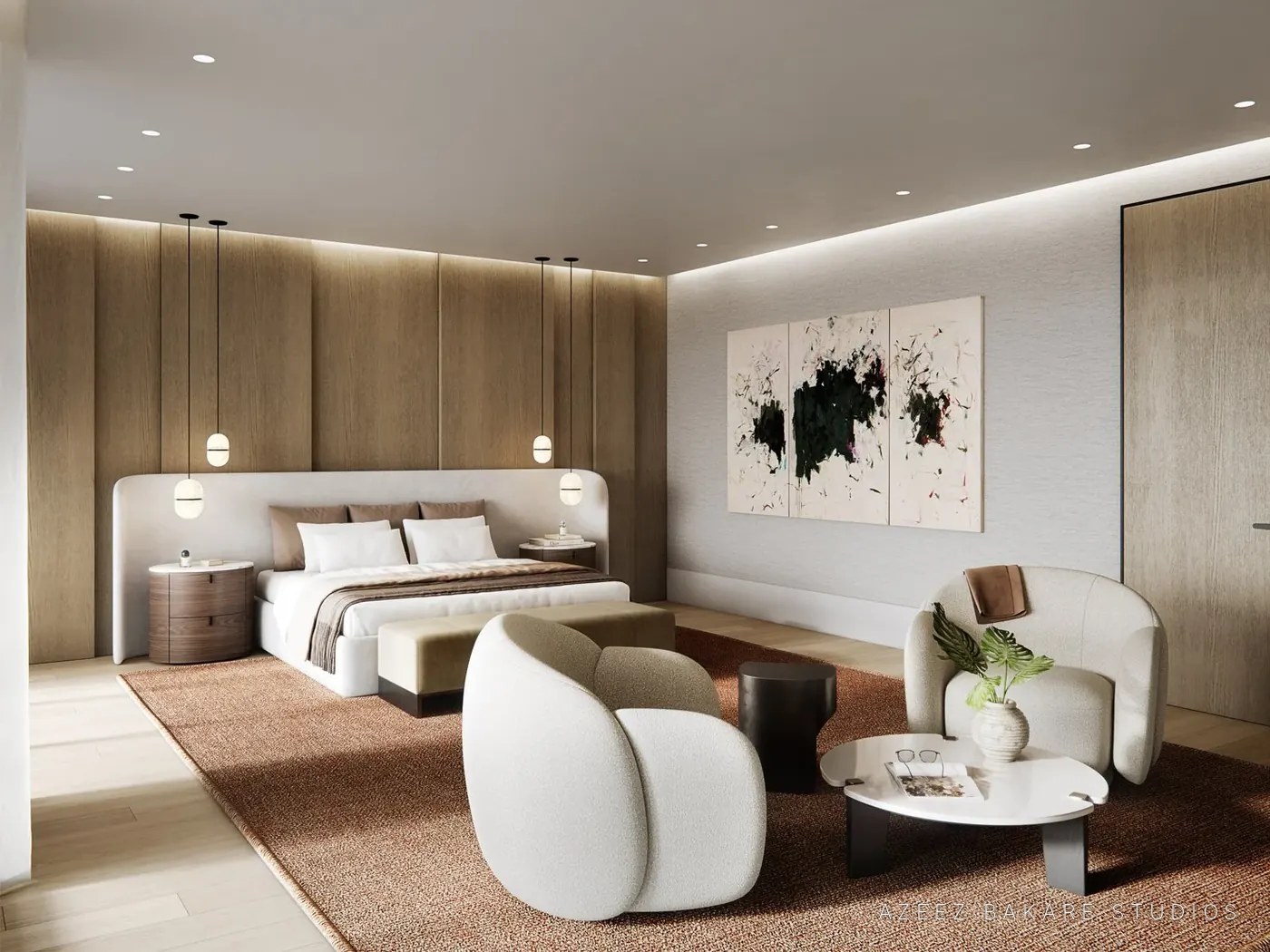 Primary bedroom with a wood-paneled wall, Fisher Island villa, interior rendering for Ford Interiors