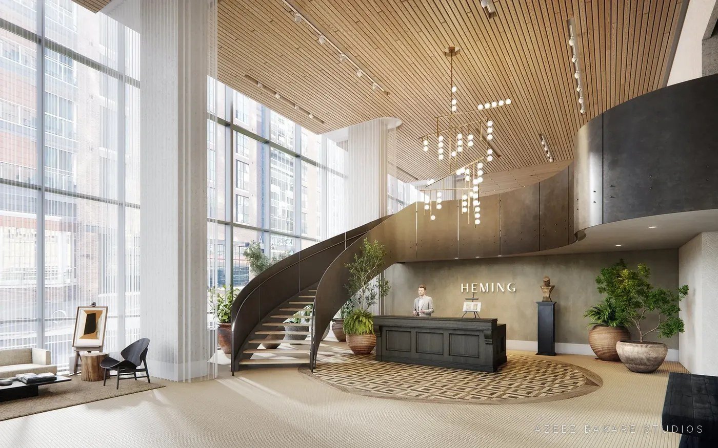 Double-height lobby with spiral stair and reception desk at HEMING, Tysons, VA, rendering for Bozzuto and Skanska