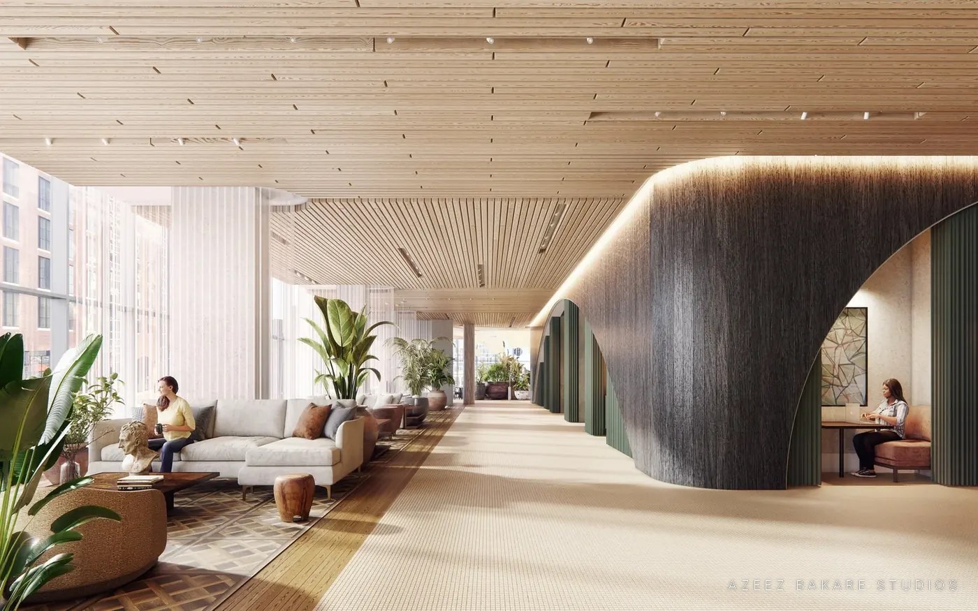 Amenity lounge and corridor at HEMING in Tysons, VA, rendered for Bozzuto and Skanska