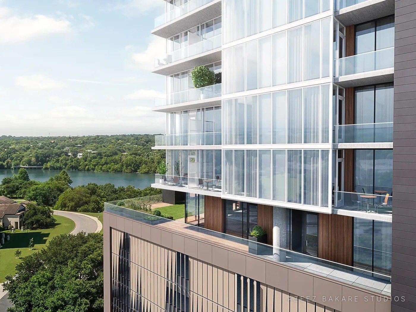 Glass tower with balconies overlooking water and trees, Natiivo, 48 East in Austin, TX, rendering
