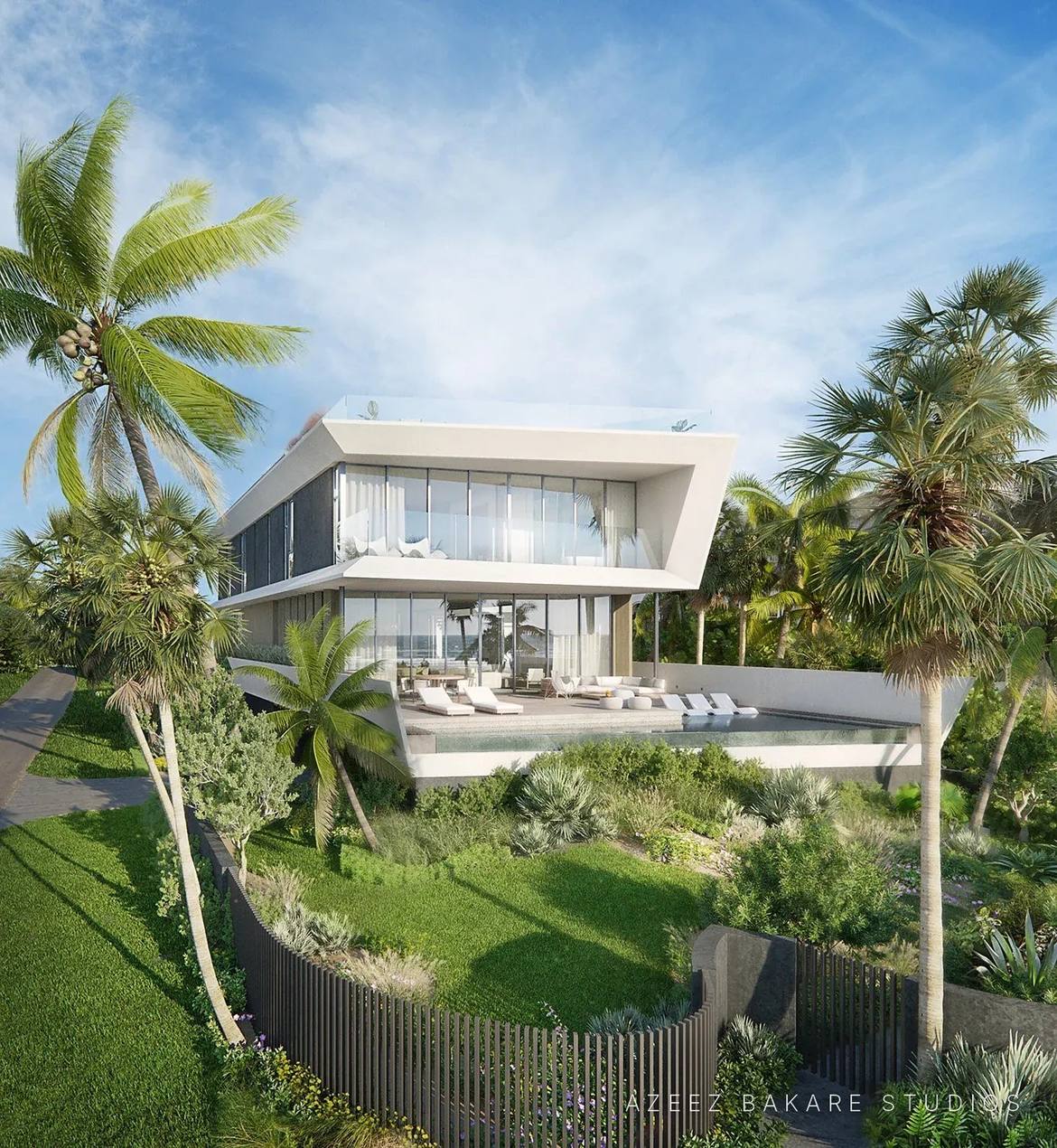 Modern beach house among palms, North Ocean Residence in Delray Beach, FL, rendering for KoDA