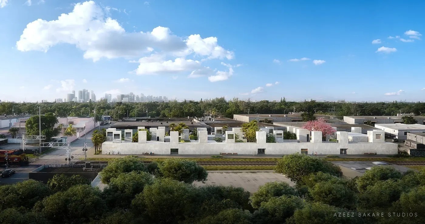 Aerial view of the Oolite Arts campus among trees with the Miami skyline beyond, architectural rendering