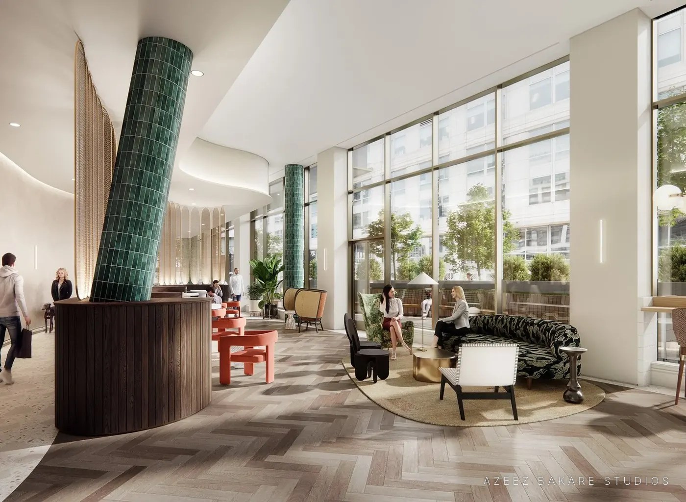 Lobby lounge with a green-tiled column at 44M, OZMA, Washington, DC, rendering for Handel Architects and Skanska