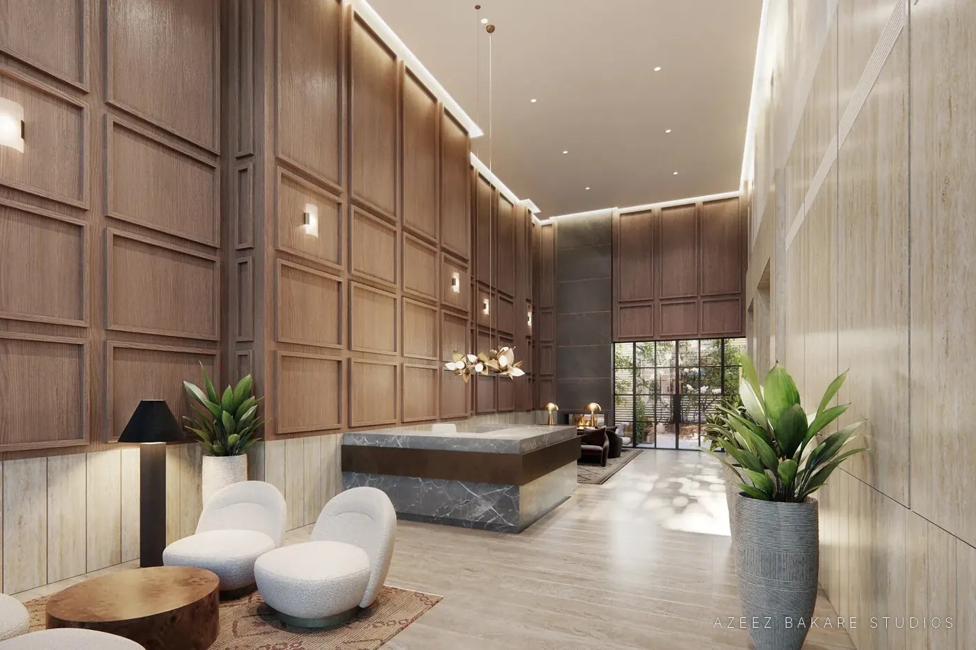 Wood-paneled residential lobby with reception desk, Park Slope development in Brooklyn, NY, rendering