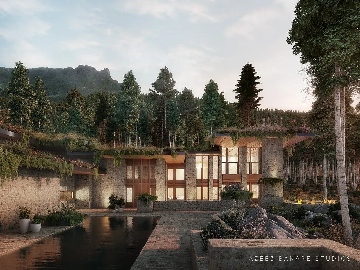 Stone and timber club among pines in the Rocky Mountains, Colorado, rendering for INC Architecture & Design