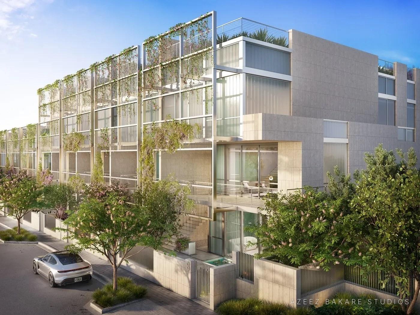 Exterior rendering of Surf Row Residences in Surfside, Florida, for Rene Gonzalez Architects