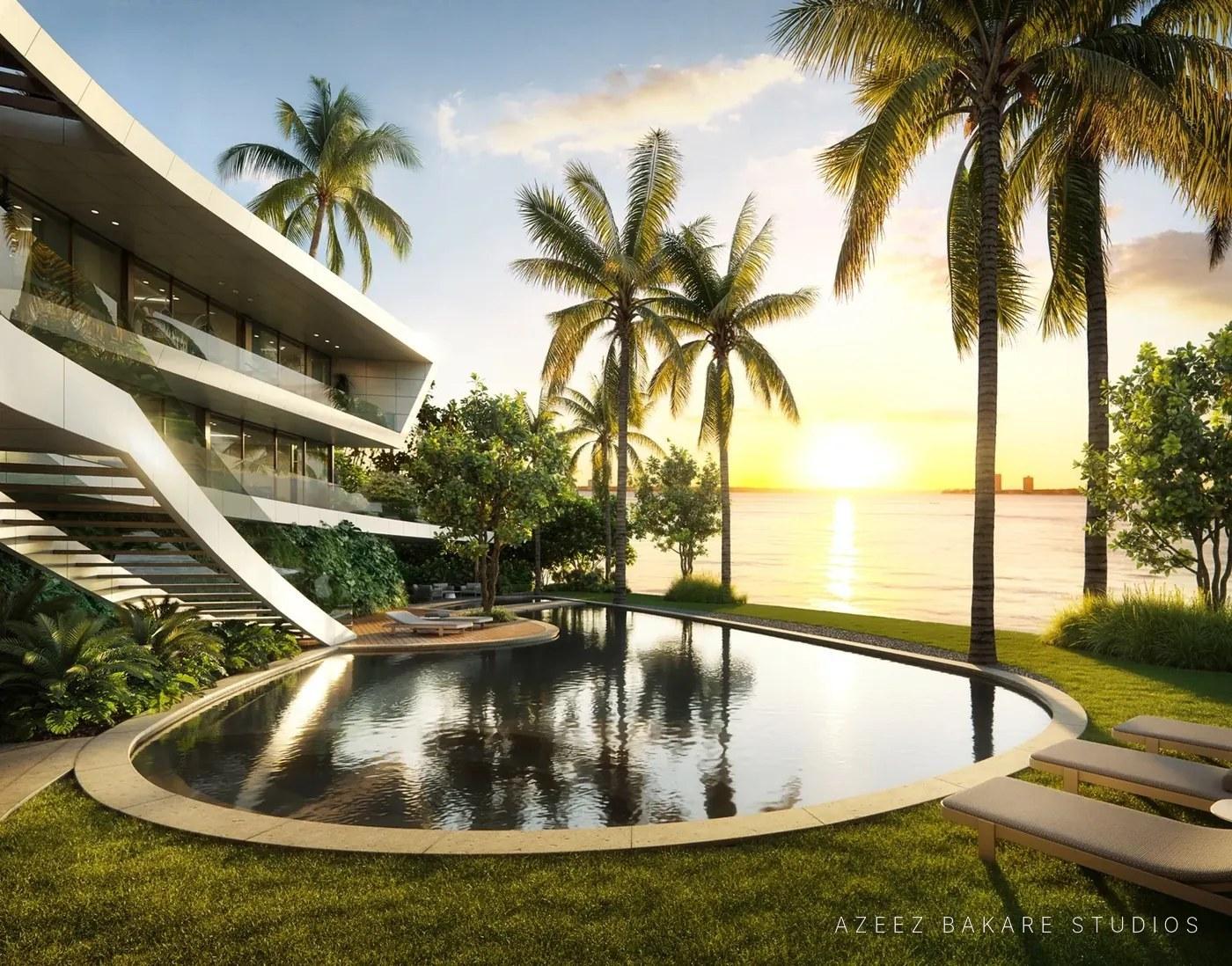 Pool and curving terraces at sunset, Tampa mixed-use development, architectural rendering
