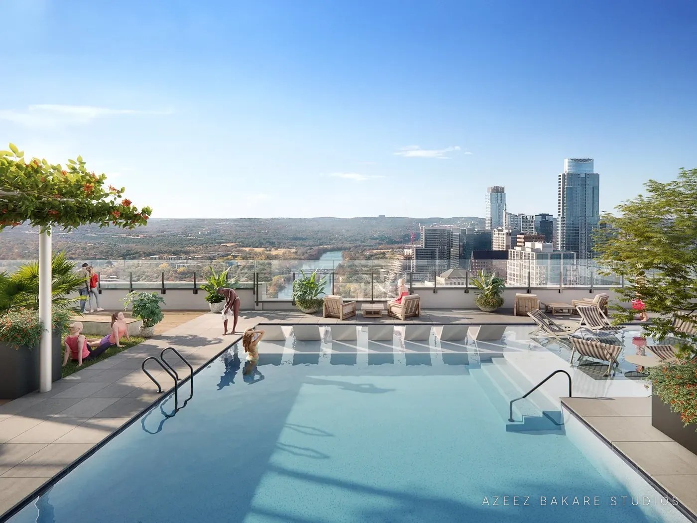 Rooftop pool with the Austin skyline beyond, Vesper in Austin, TX, multifamily rendering