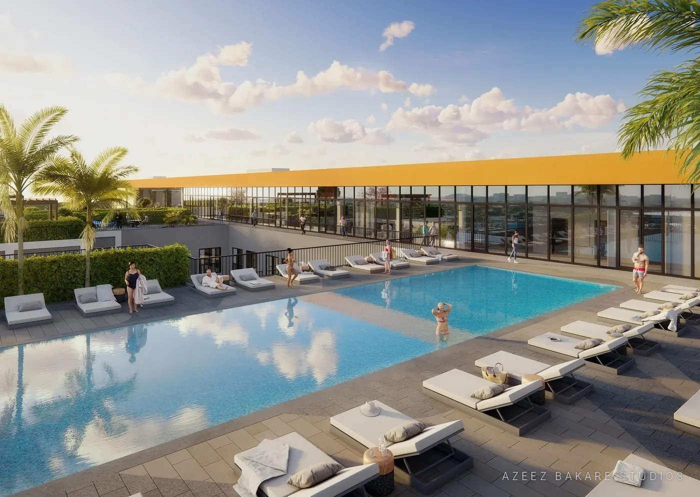 Pool deck with loungers at a Wynwood mixed-use development in Miami, architectural rendering